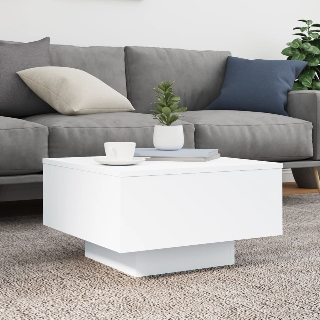Salongbord med LED-lys hvit 55x55x31 cm