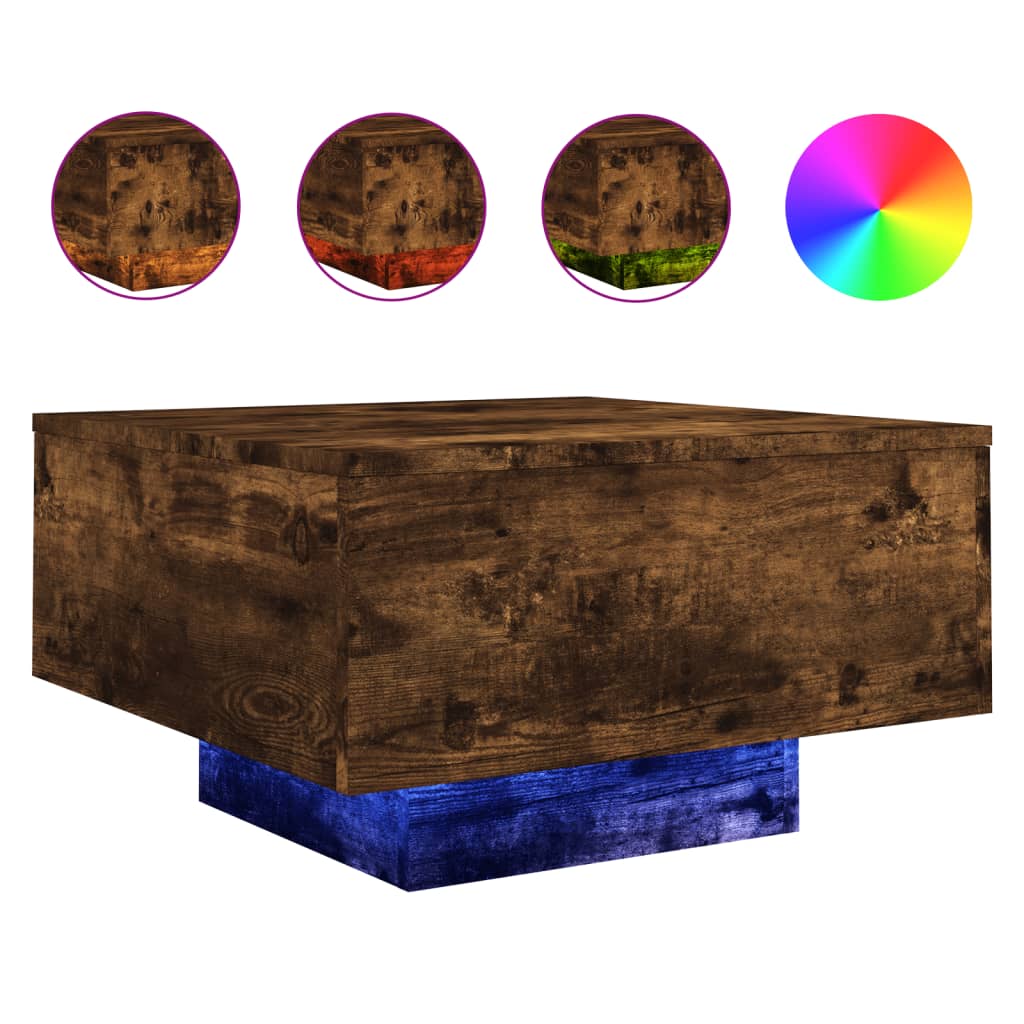Salongbord med LED-lys røkt eik 55x55x31 cm