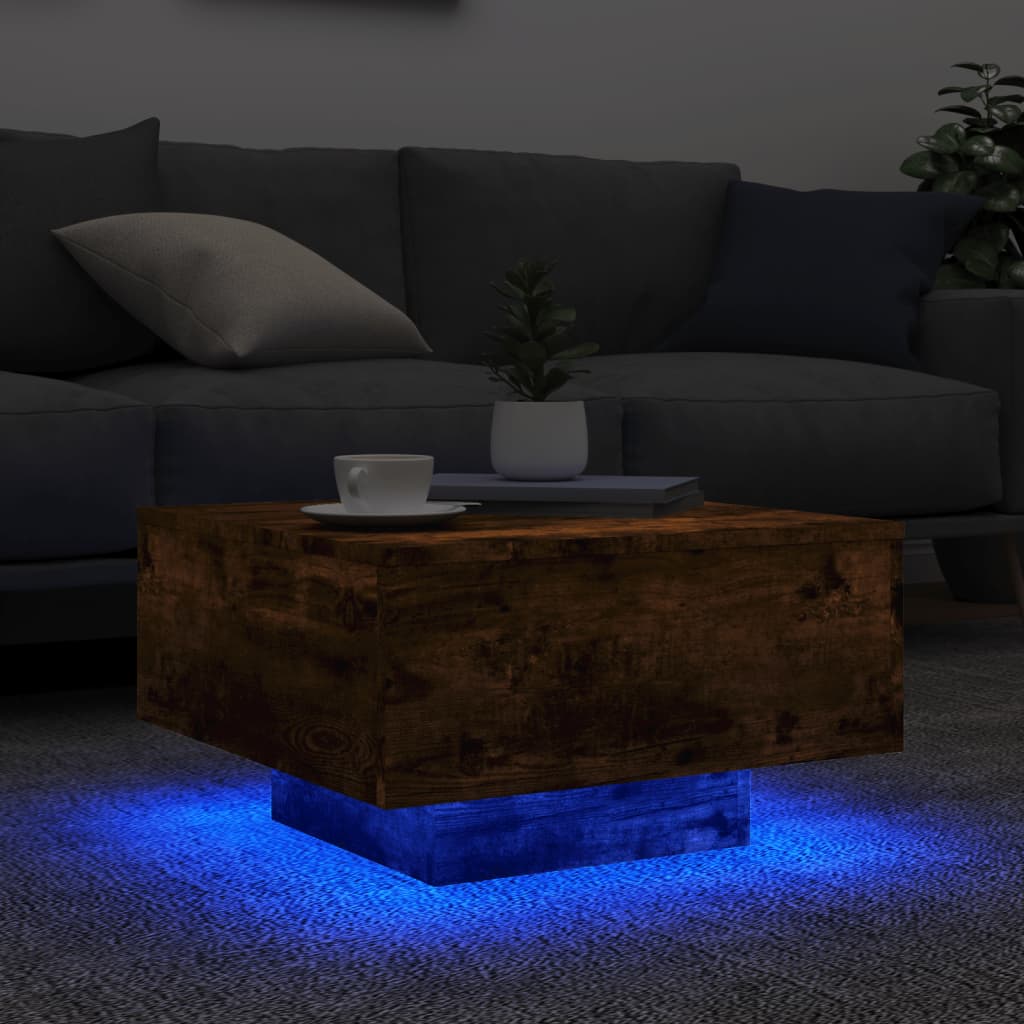 Salongbord med LED-lys røkt eik 55x55x31 cm