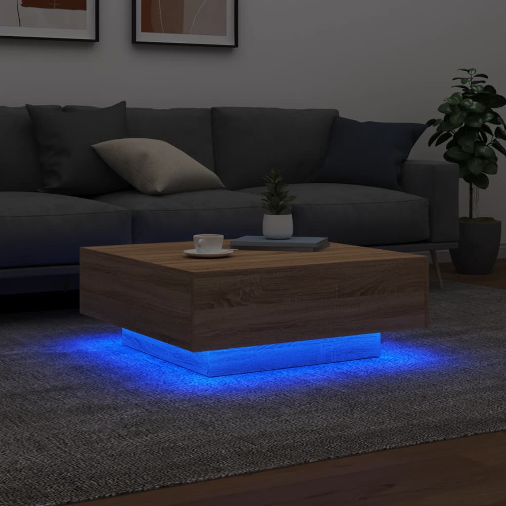 Salongbord med LED-lys sonoma eik 80x80x31 cm