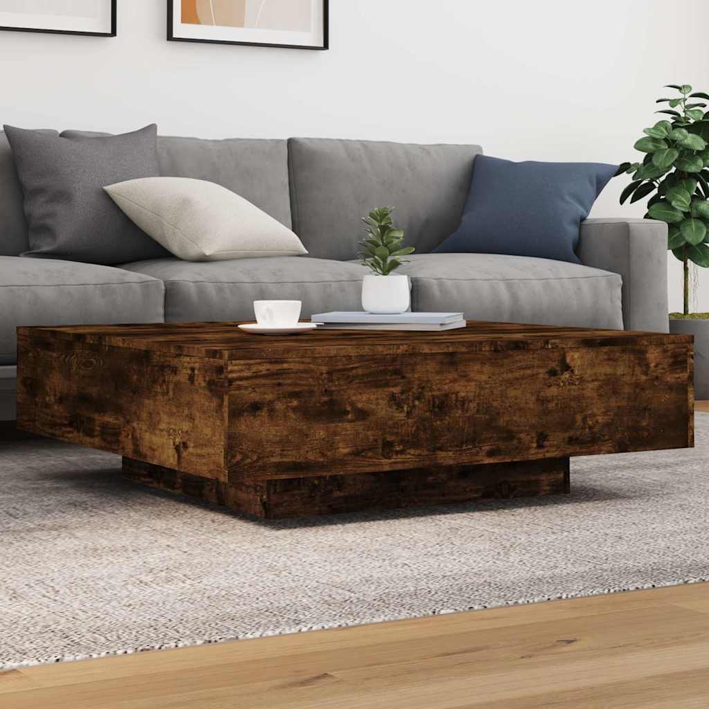 Salongbord med LED-lys røkt eik 100x100x31 cm