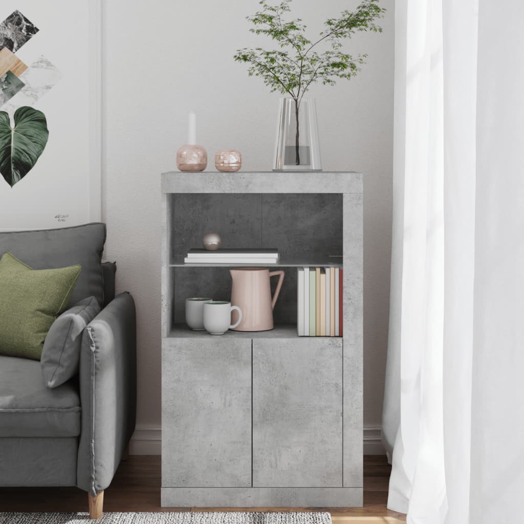 Sideskap med LED-lys betonggrå konstruert tre