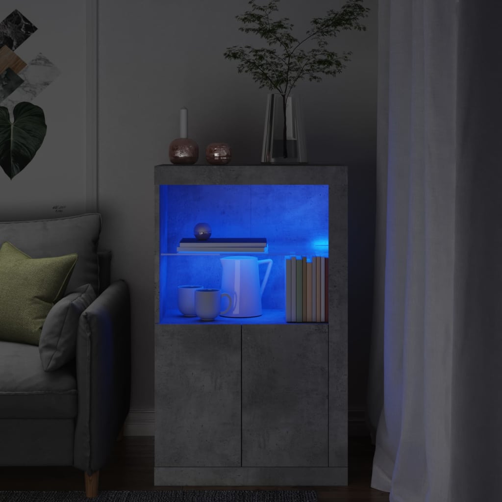 Sideskap med LED-lys betonggrå konstruert tre