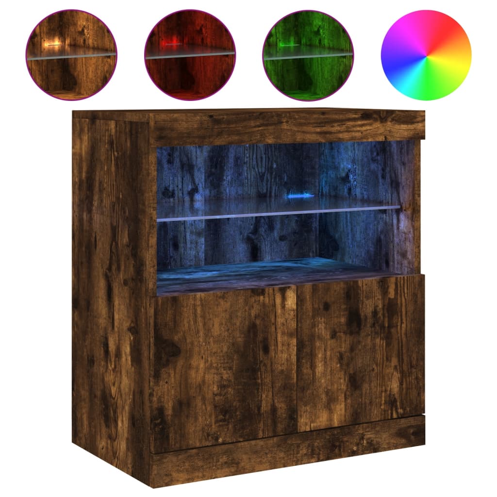 Skjenk med LED-lys røkt eik 60x37x67 cm