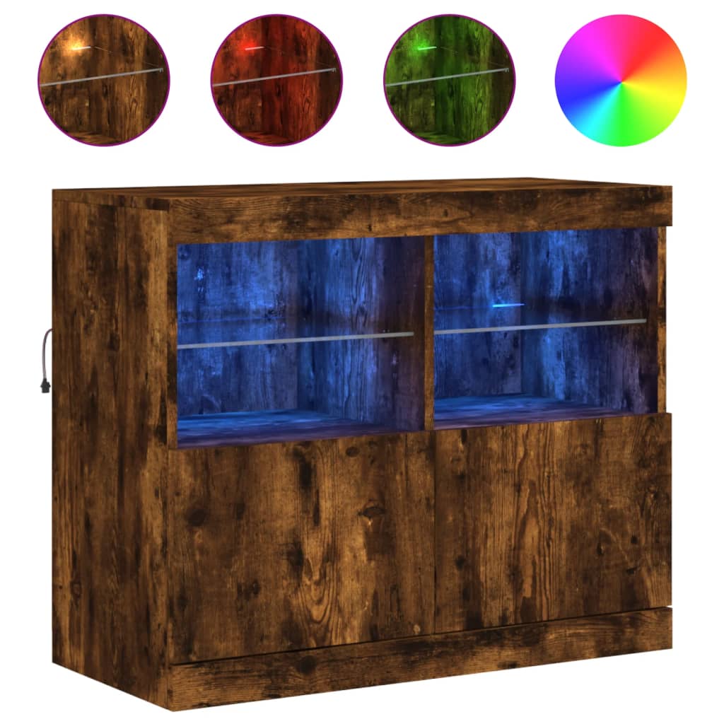 Skjenk med LED-lys røkt eik 81x37x67 cm