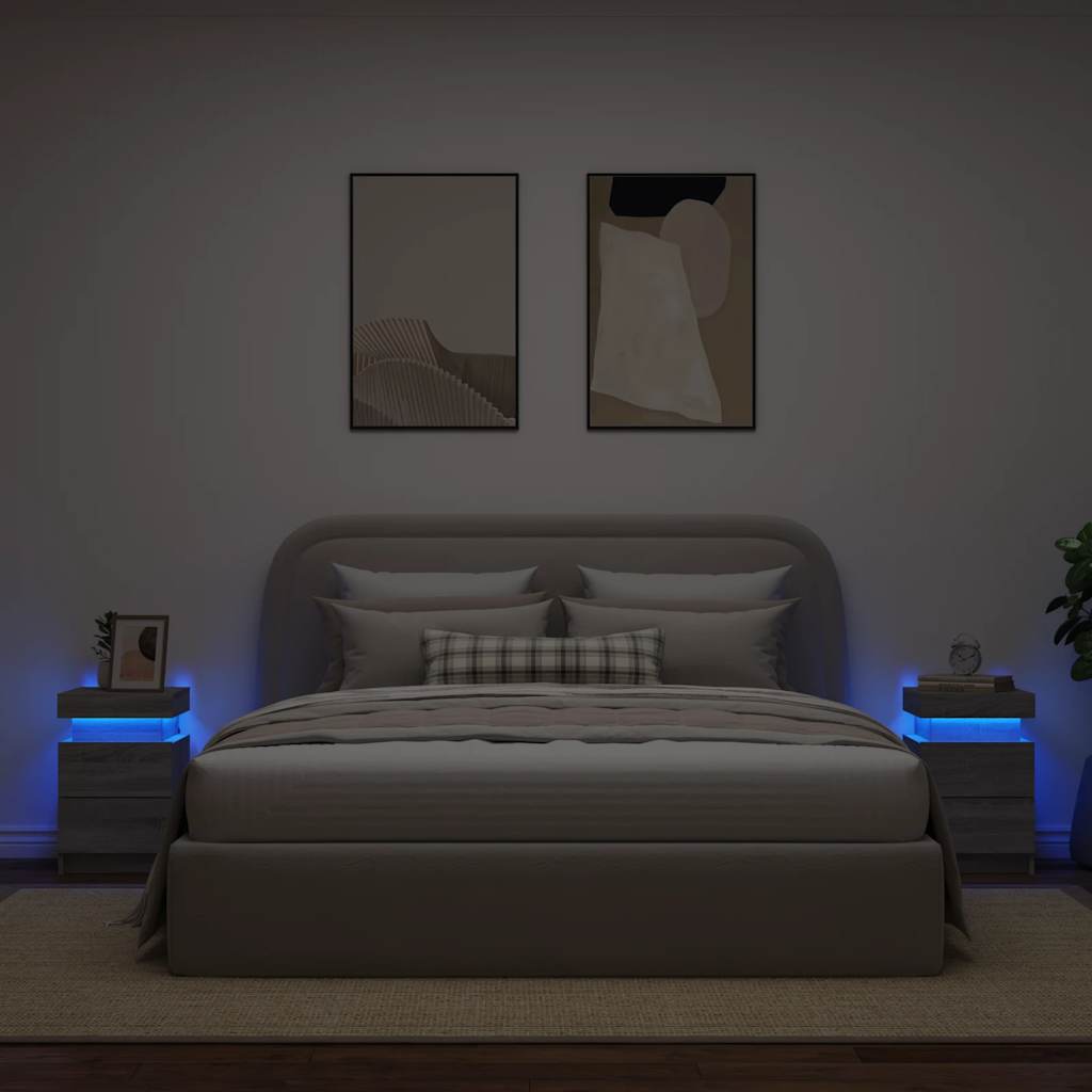 Nattbord med LED 2 stk grå sonoma 35x39x55 cm
