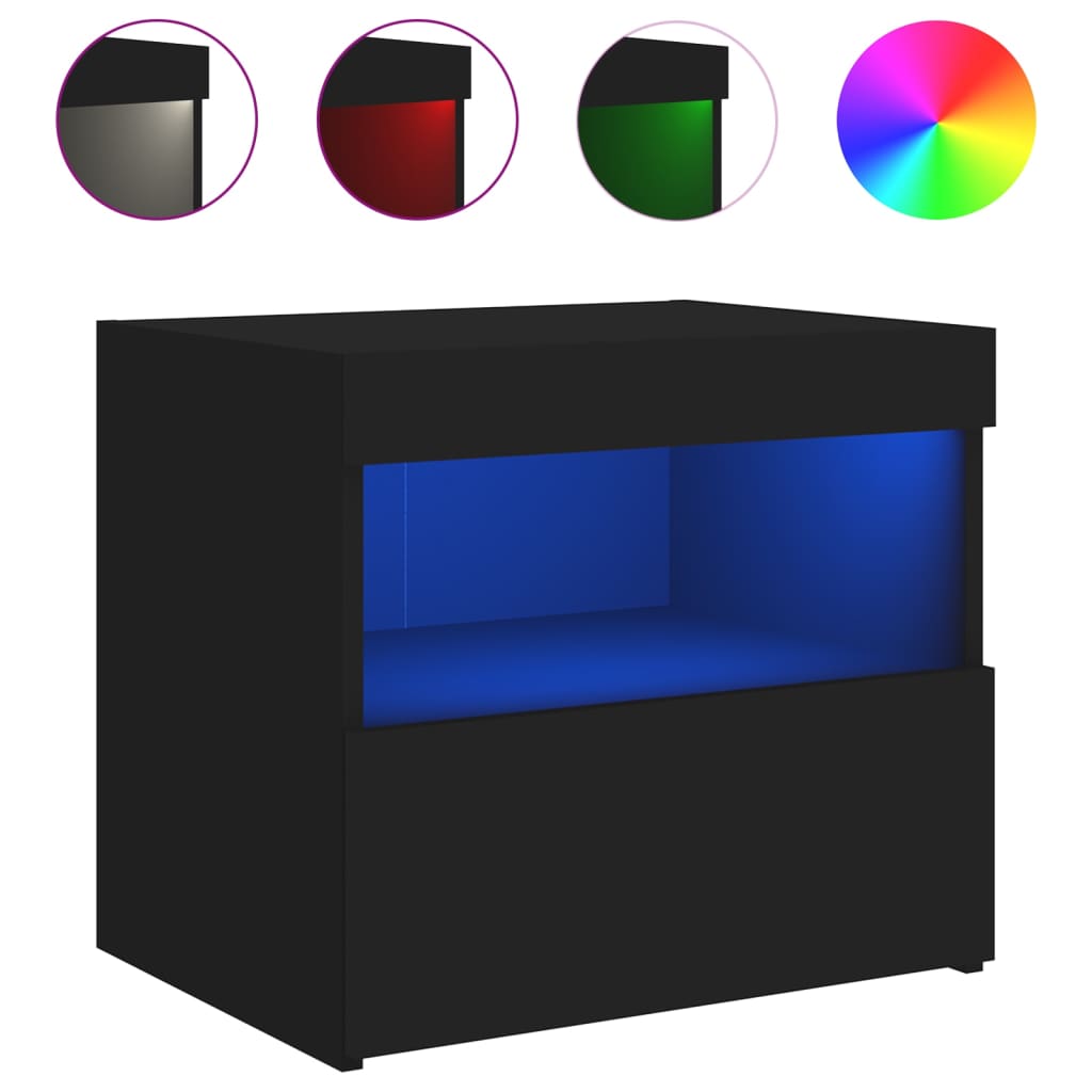 Nattbord med LED svart 50x40x45 cm