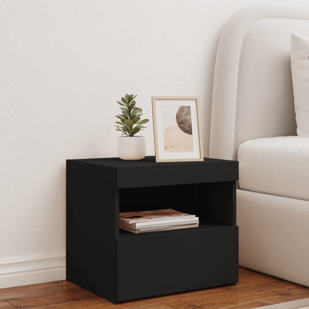 Nattbord med LED svart 50x40x45 cm