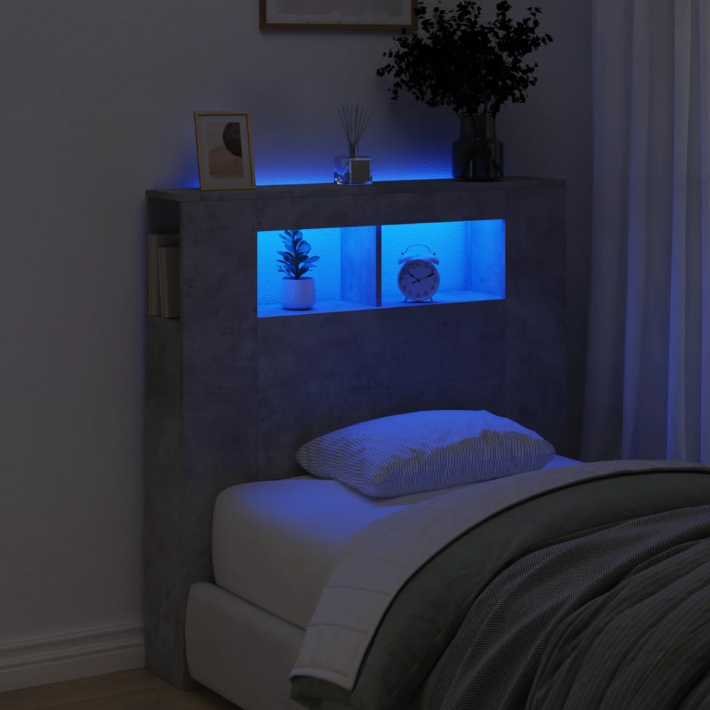 Sengegavl med LED betonggrå 100x18,5x103,5 cm konstruert tre