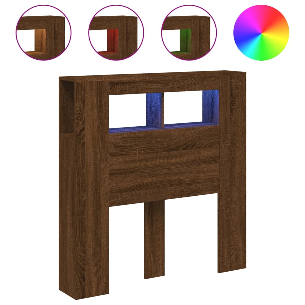 Sengegavl med LED brun eik 100x18,5x103,5 cm konstruert tre