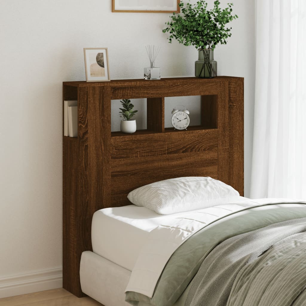 Sengegavl med LED brun eik 100x18,5x103,5 cm konstruert tre