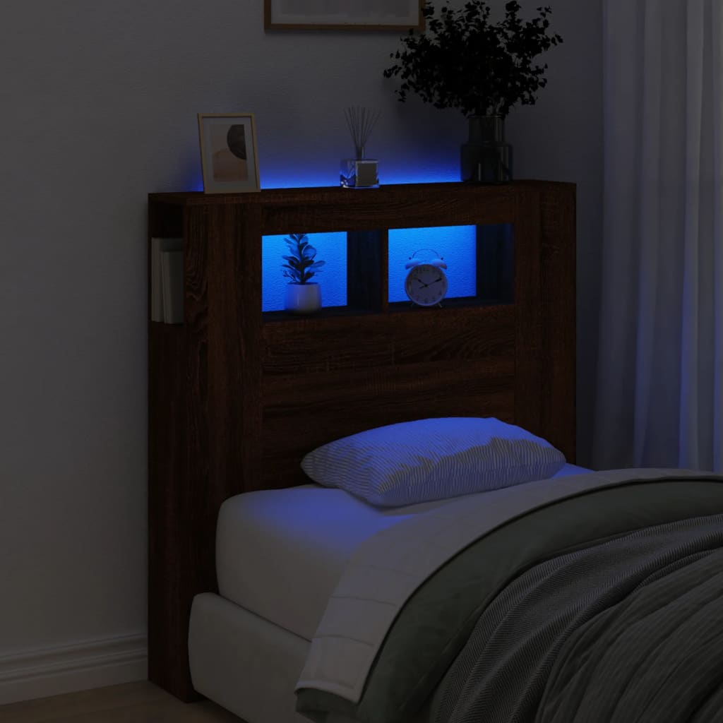 Sengegavl med LED brun eik 100x18,5x103,5 cm konstruert tre