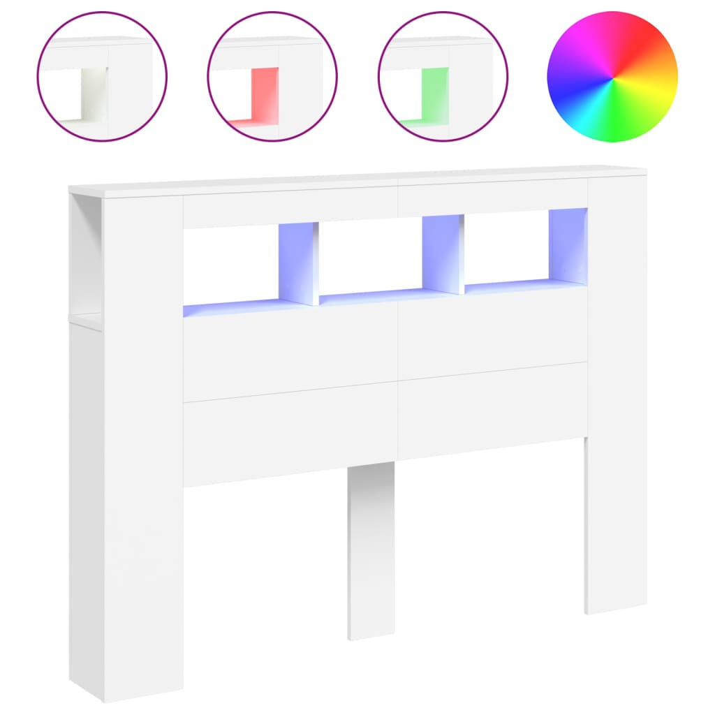 Sengegavl med LED hvit 140x18,5x103,5 cm konstruert tre