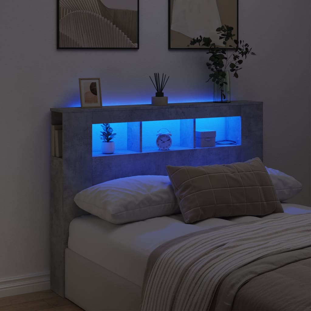 Sengegavl med LED betonggrå 140x18,5x103,5 cm konstruert tre