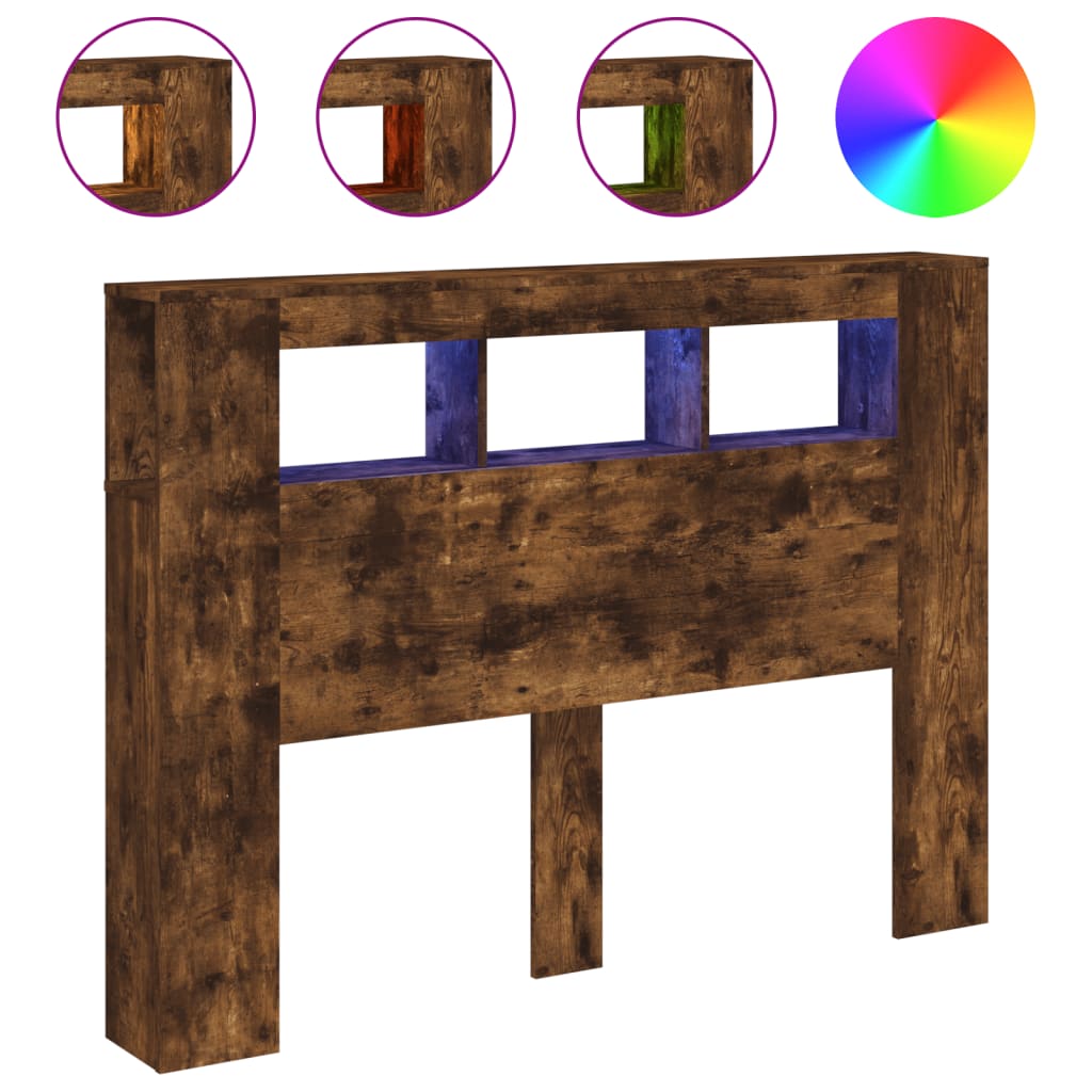 Sengegavl med LED røkt eik 140x18,5x103,5 cm konstruert tre