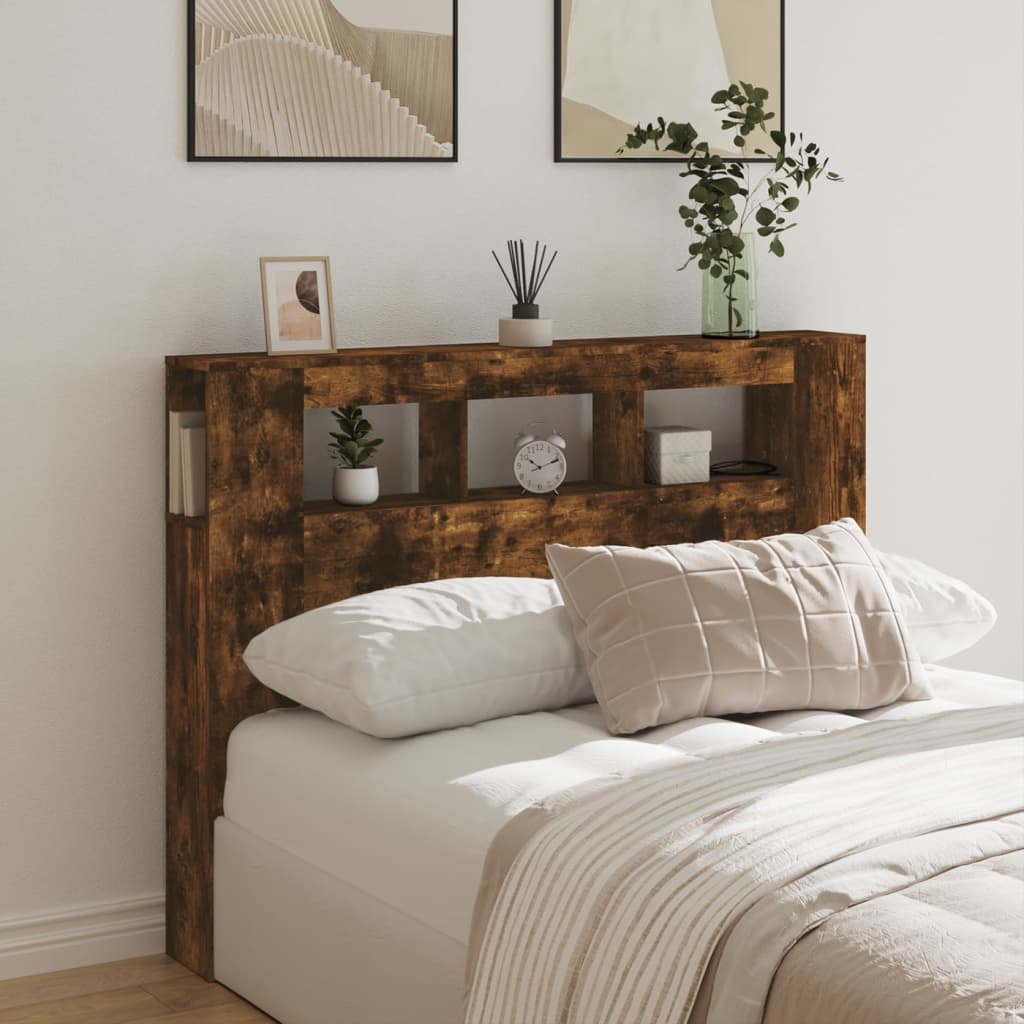 Sengegavl med LED røkt eik 140x18,5x103,5 cm konstruert tre