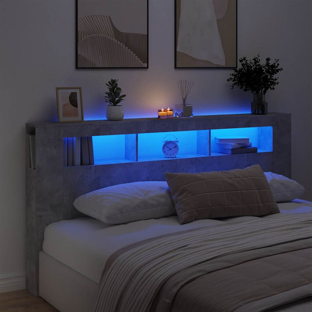 Sengegavl med LED betonggrå 200x18,5x103,5 cm konstruert tre