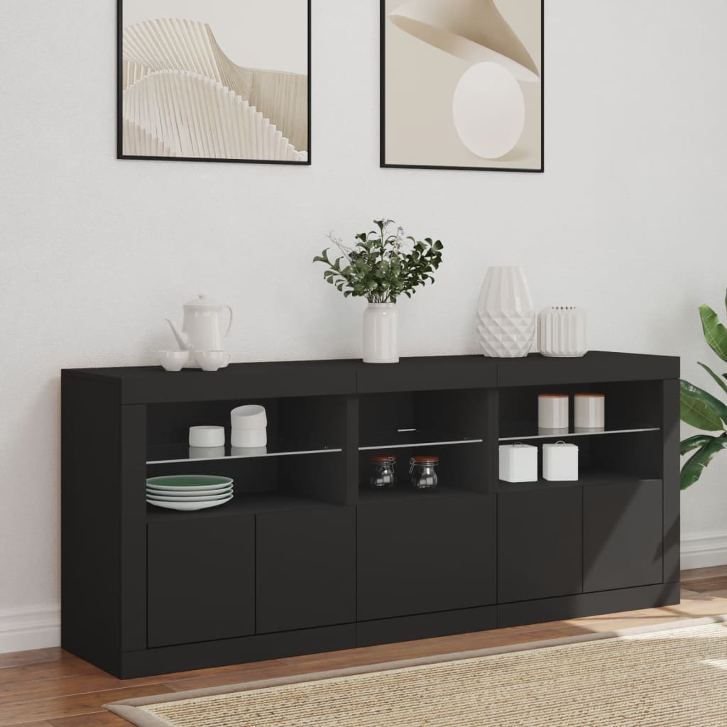Skjenk med LED-lys svart 162x37x67 cm