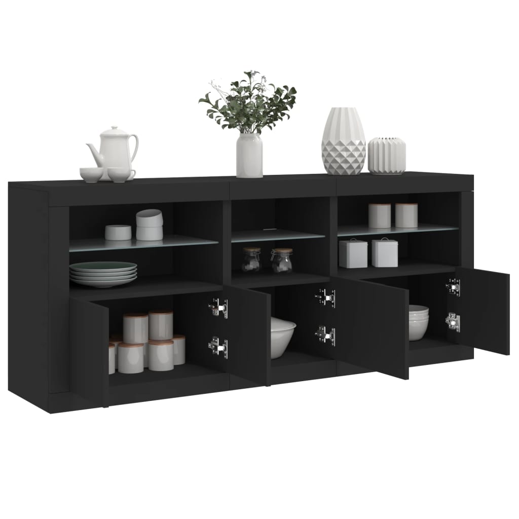 Skjenk med LED-lys svart 162x37x67 cm