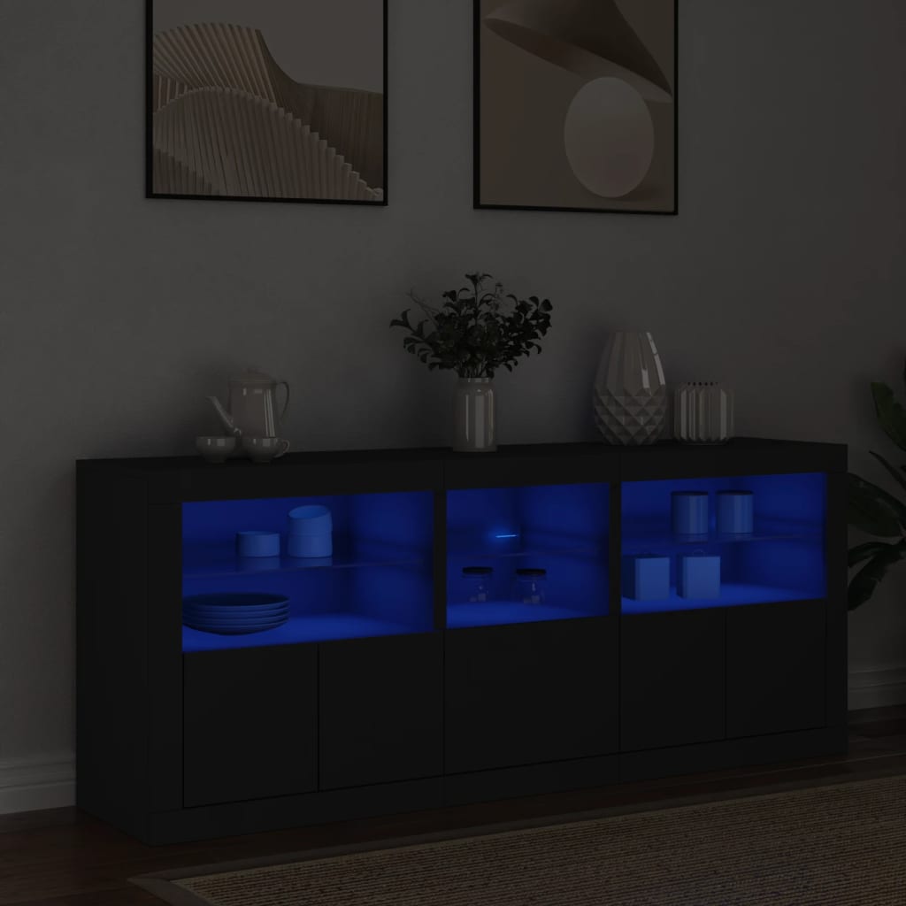 Skjenk med LED-lys svart 162x37x67 cm