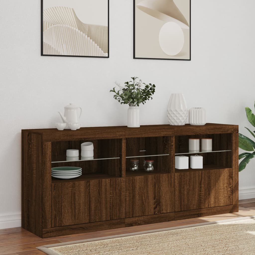Skjenk med LED-lys brun eik 162x37x67 cm