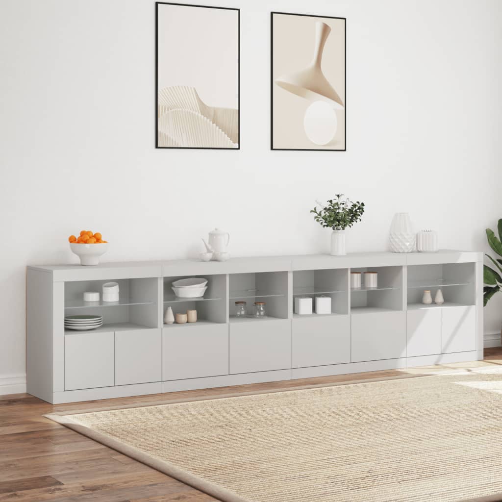 Skjenk med LED-lys hvit 283x37x67 cm