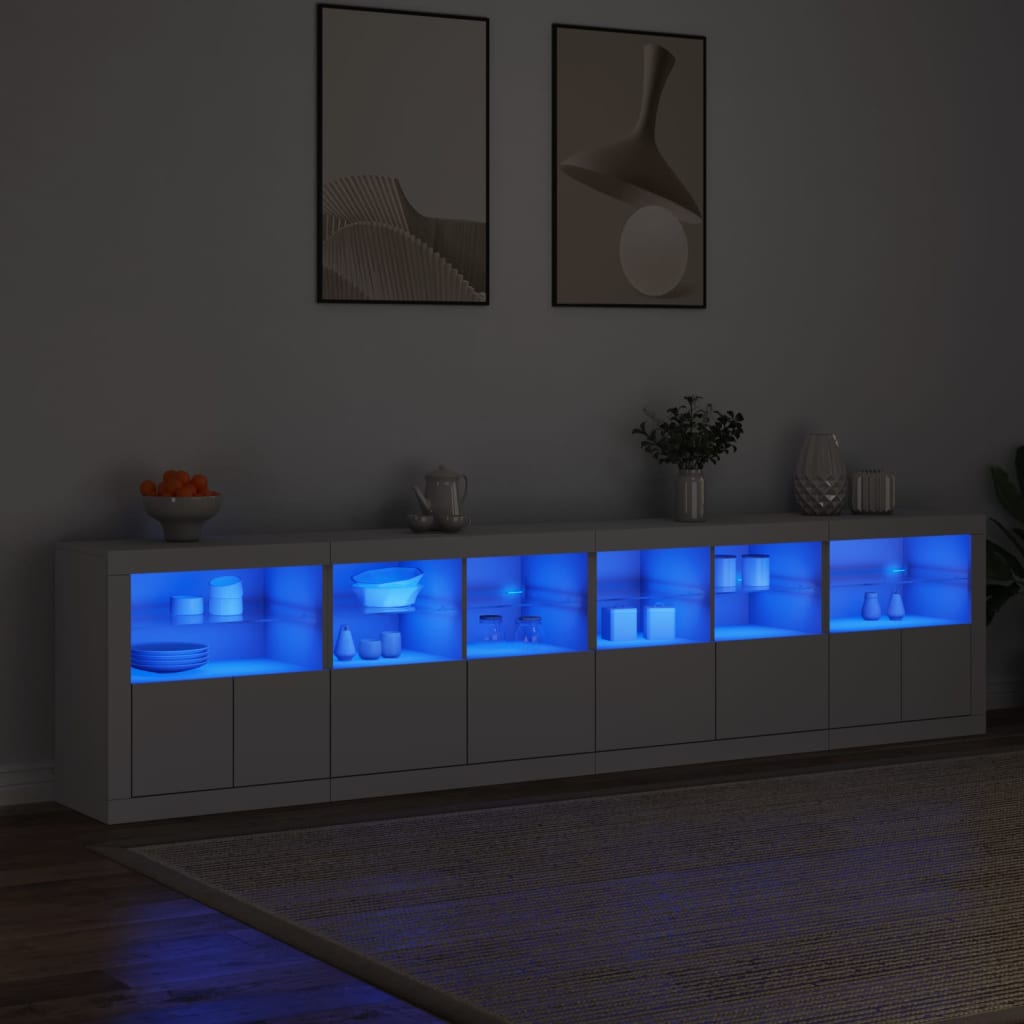 Skjenk med LED-lys hvit 283x37x67 cm