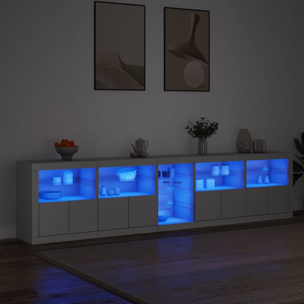 Skjenk med LED-lys hvit 283x37x67 cm
