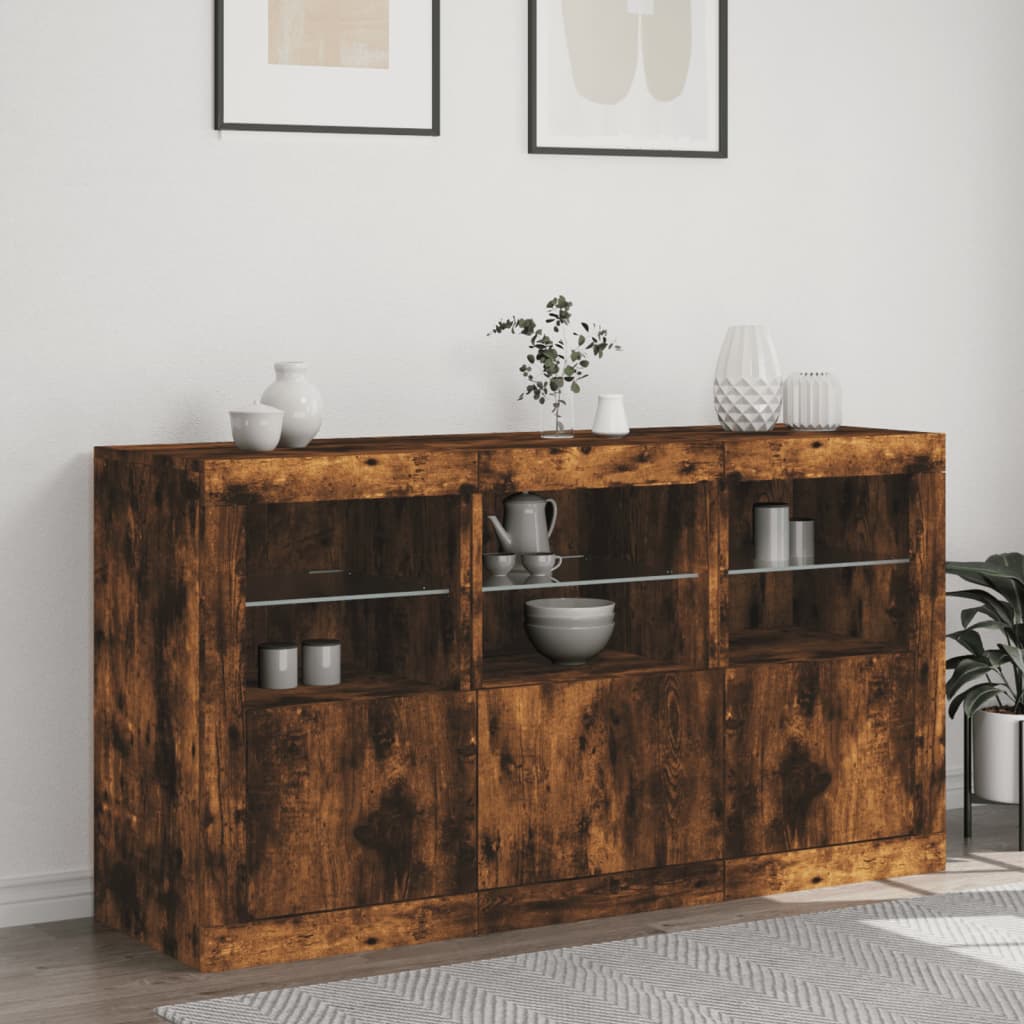 Skjenk med LED-lys røkt eik 123x37x67 cm