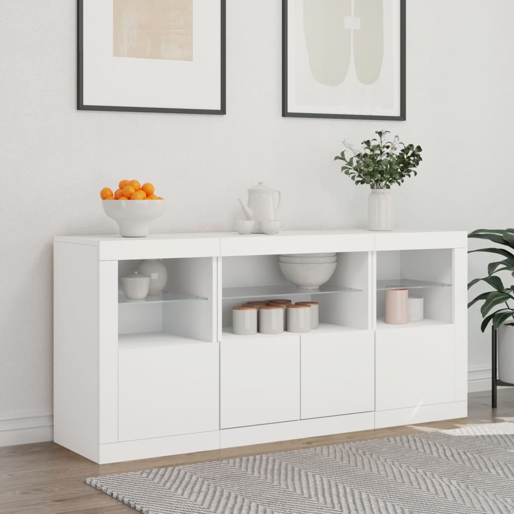 Skjenk med LED-lys hvit 142,5x37x67 cm