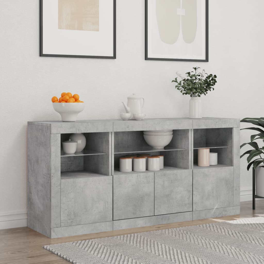 Skjenk med LED-lys betonggrå 142,5x37x67 cm