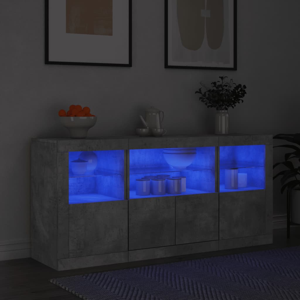 Skjenk med LED-lys betonggrå 142,5x37x67 cm
