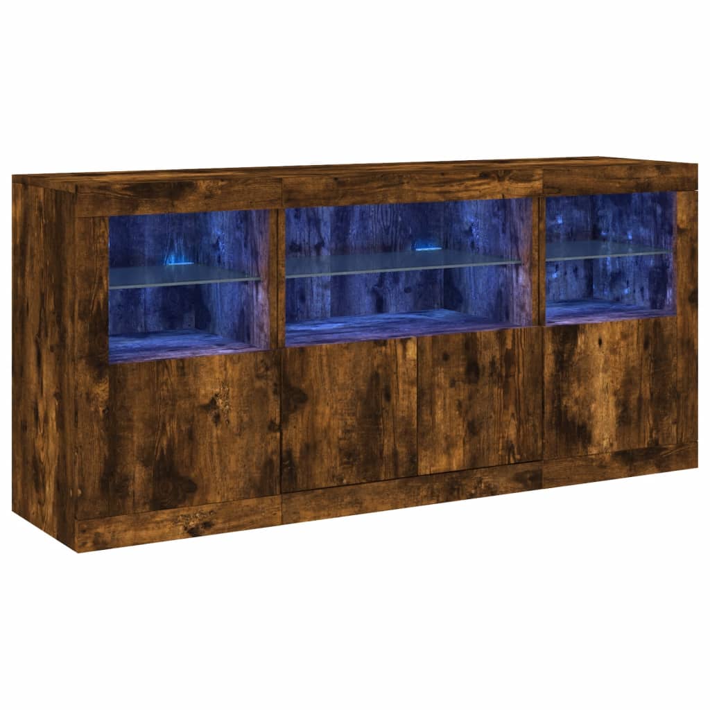 Skjenk med LED-lys røkt eik 142,5x37x67 cm