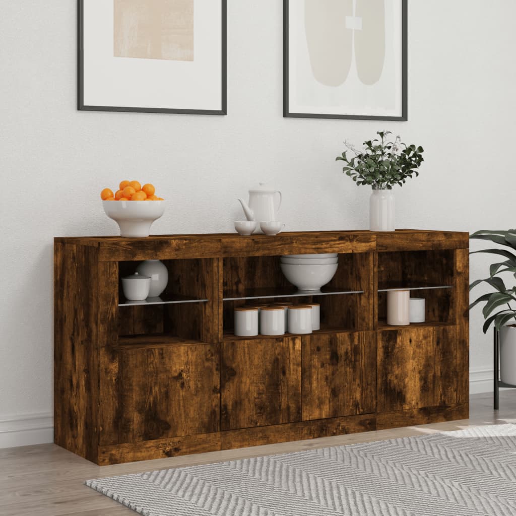 Skjenk med LED-lys røkt eik 142,5x37x67 cm