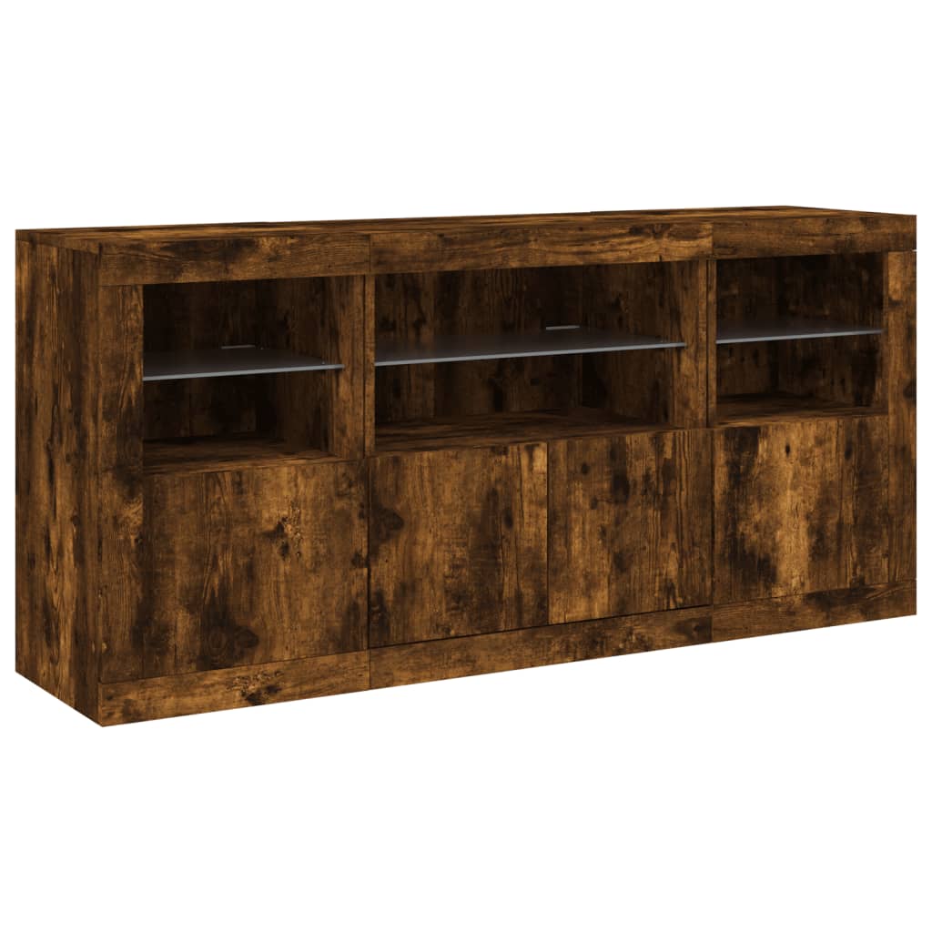 Skjenk med LED-lys røkt eik 142,5x37x67 cm