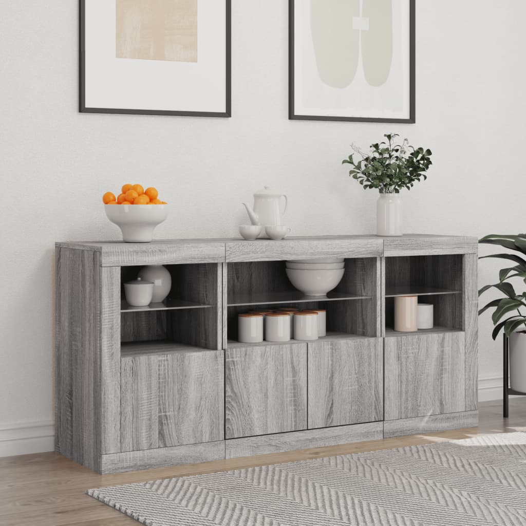 Skjenk med LED-lys grå sonoma 142,5x37x67 cm