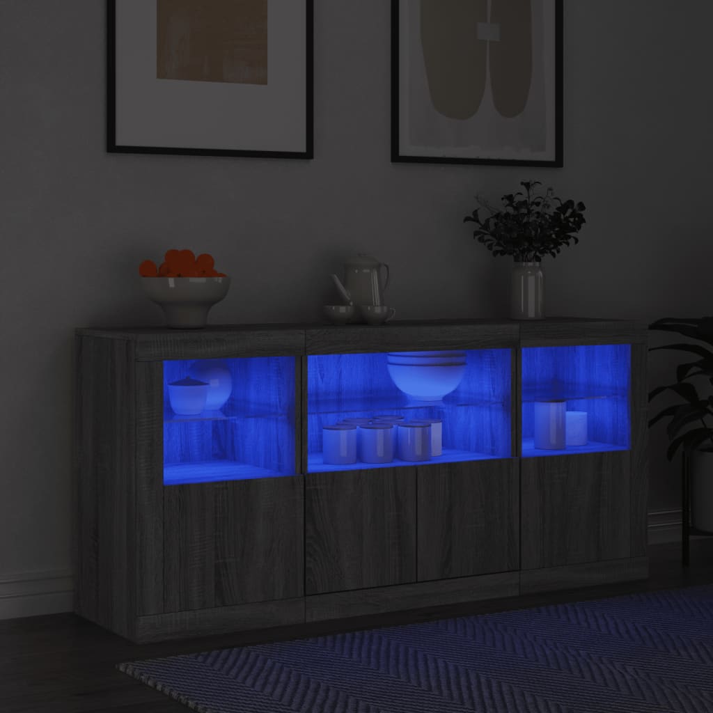 Skjenk med LED-lys grå sonoma 142,5x37x67 cm