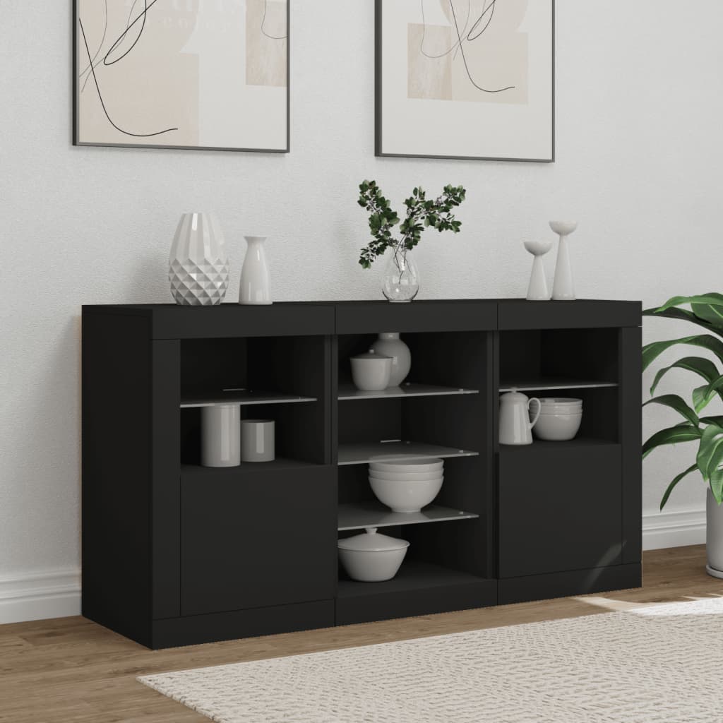 Skjenk med LED-lys svart 123x37x67 cm