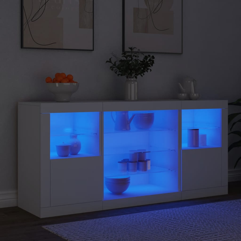 Skjenk med LED-lys hvit 142,5x37x67 cm
