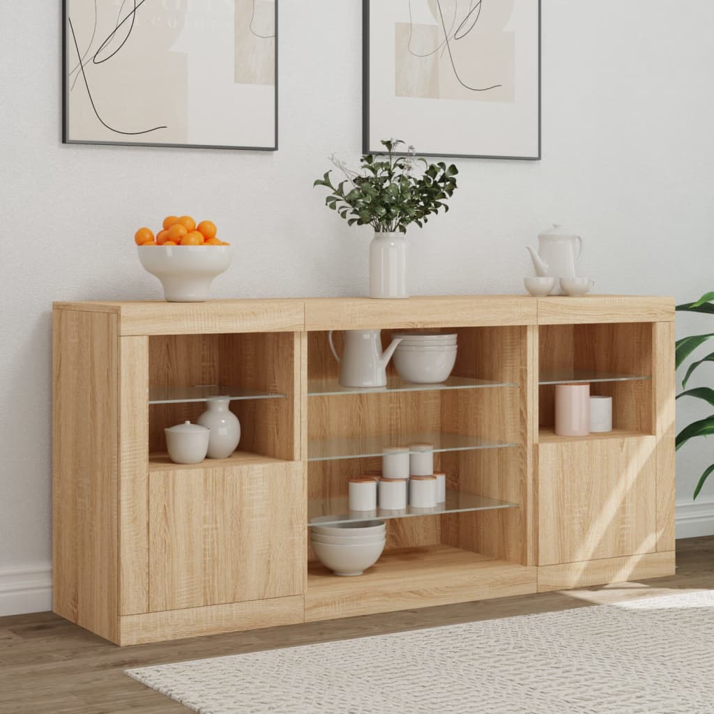 Skjenk med LED-lys sonoma eik 142,5x37x67 cm