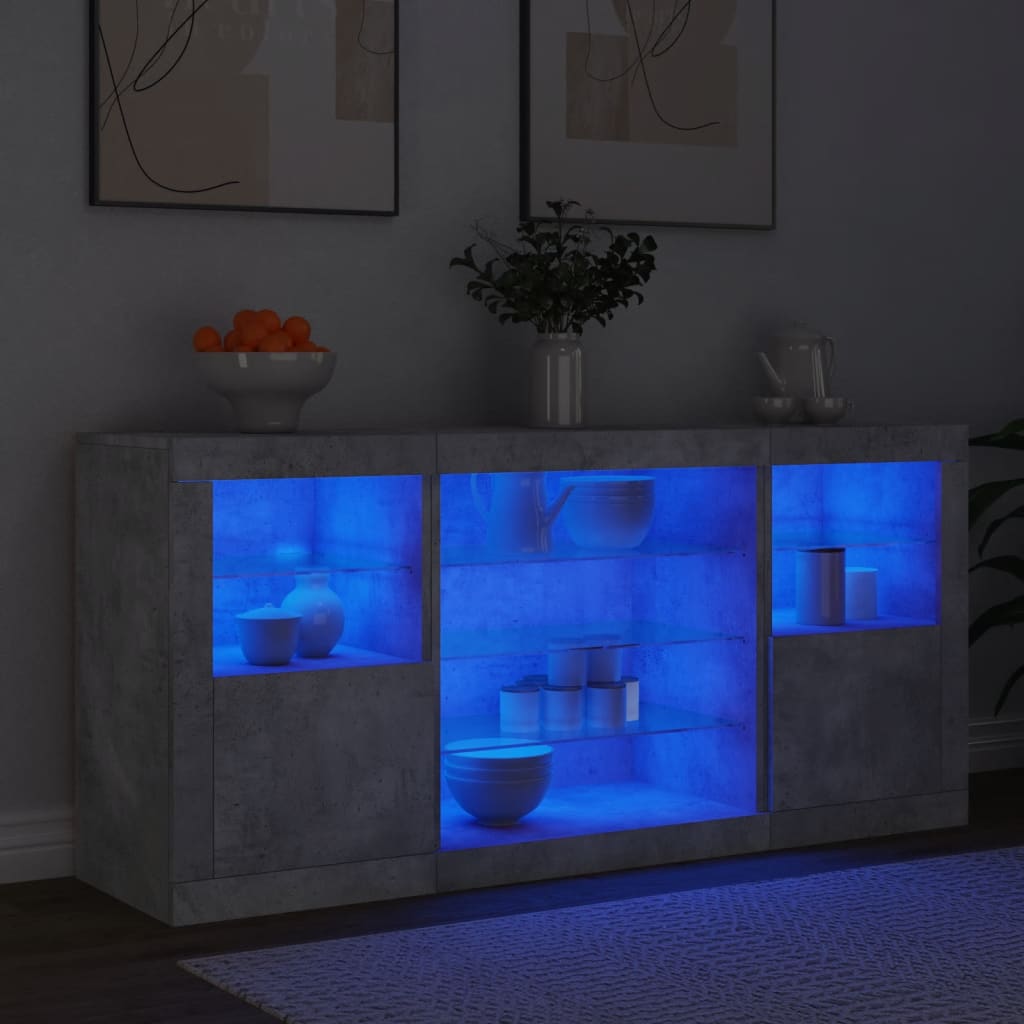Skjenk med LED-lys betonggrå 142,5x37x67 cm