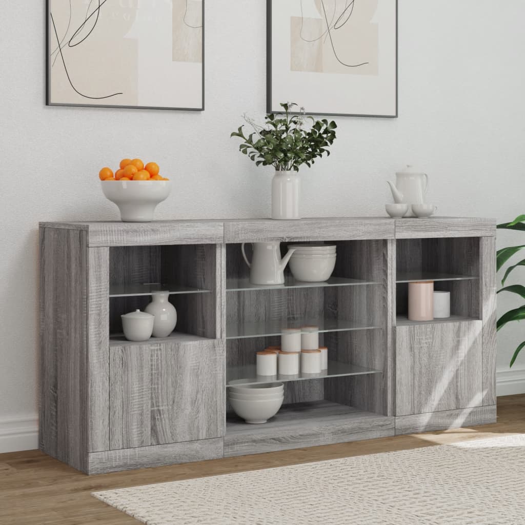 Skjenk med LED-lys grå sonoma 142,5x37x67 cm