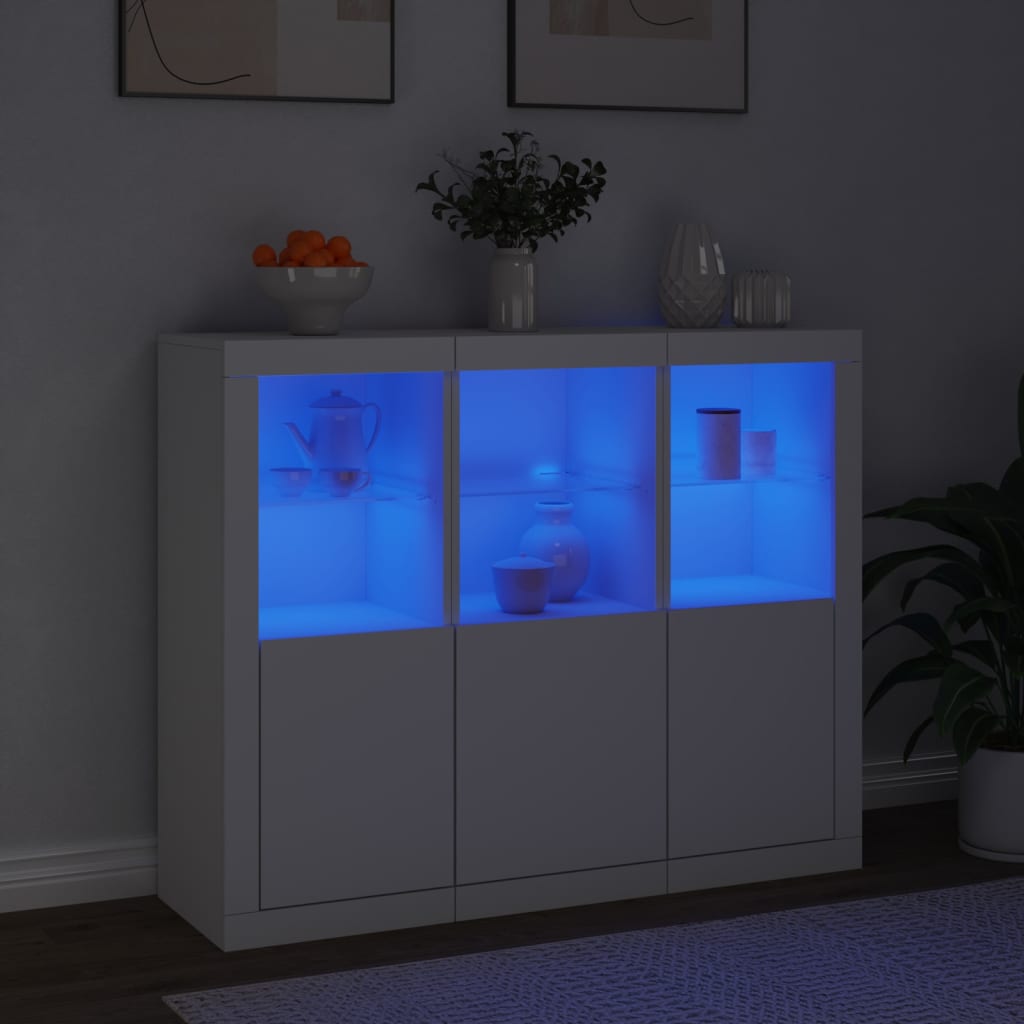 Skjenker med LED-lys 3 stk hvit konstruert tre
