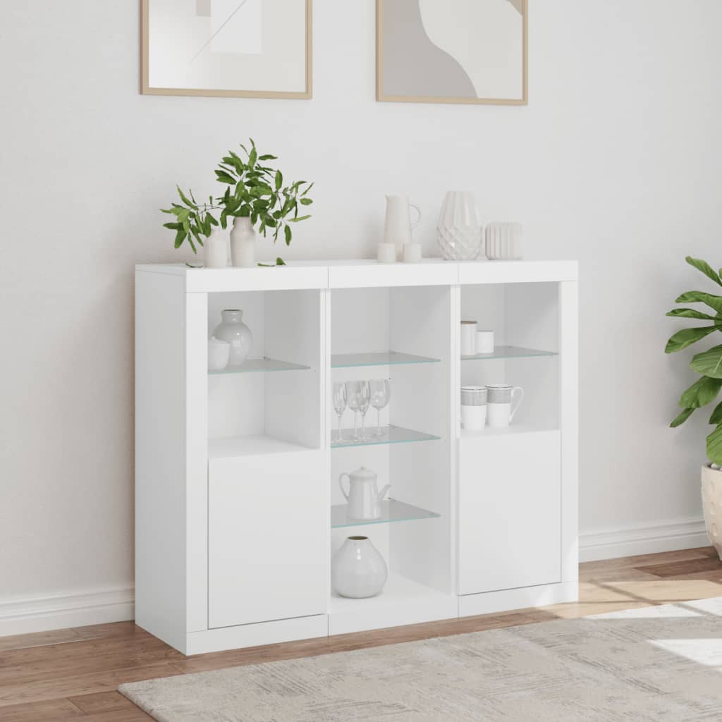 Skjenker med LED-lys 3 stk hvit konstruert tre
