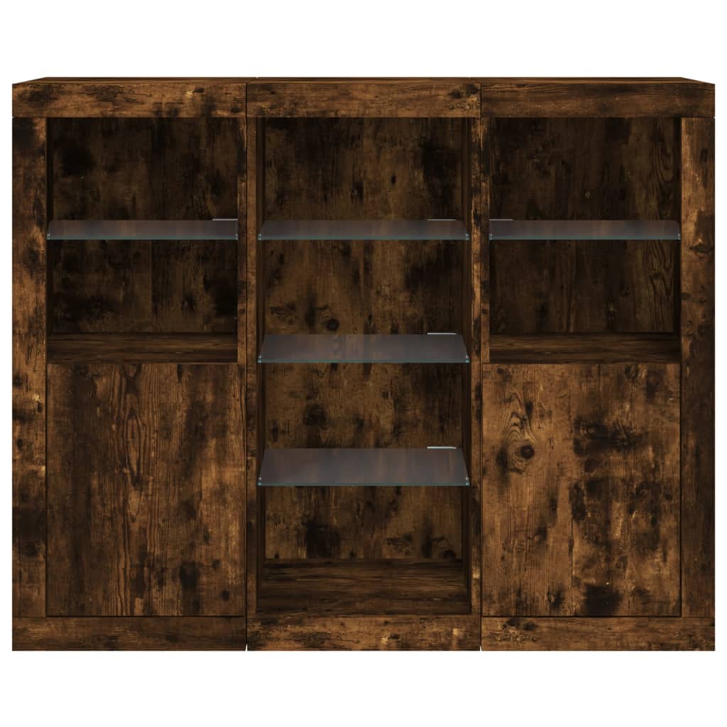 Skjenker med LED-lys 3 stk røkt eik konstruert tre