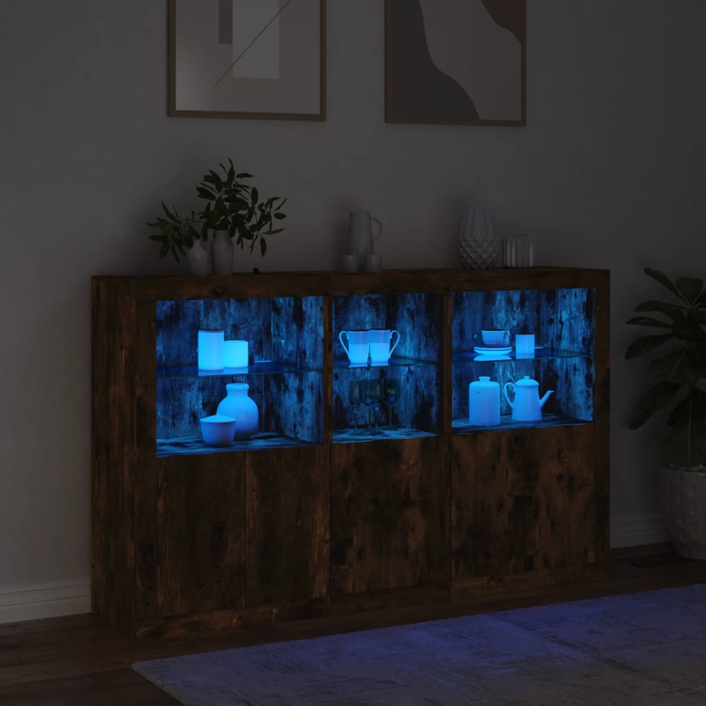 Skjenk med LED-lys røkt eik 162x37x100 cm