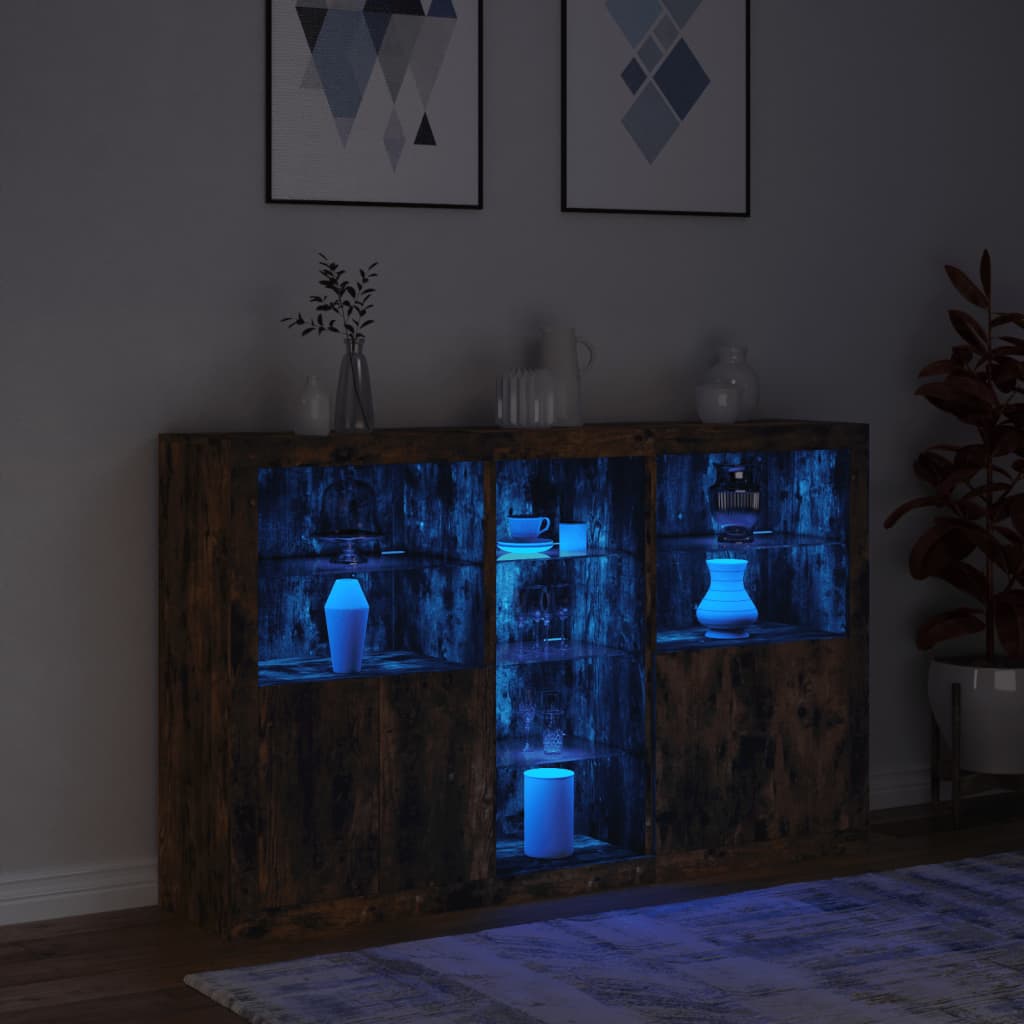 Skjenk med LED-lys røkt eik 162x37x100 cm