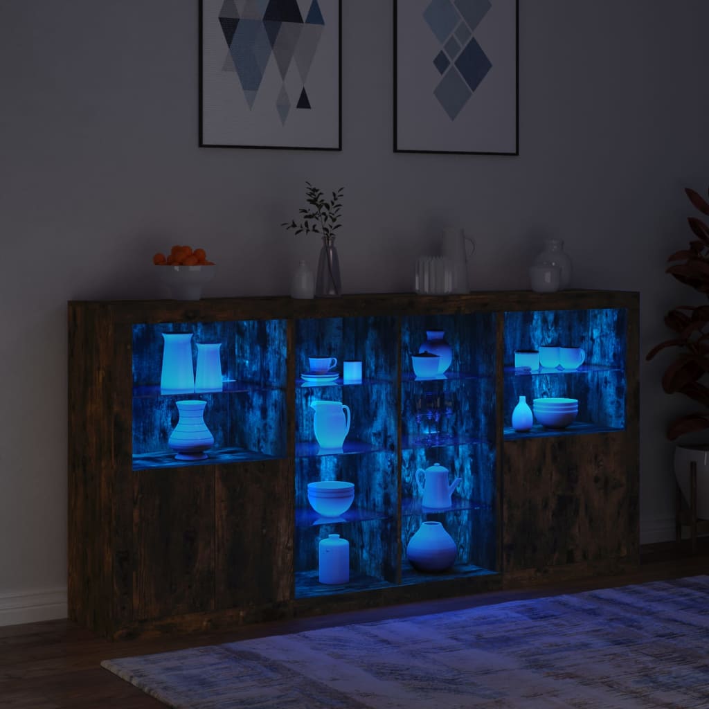 Skjenk med LED-lys røkt eik 202x37x100 cm