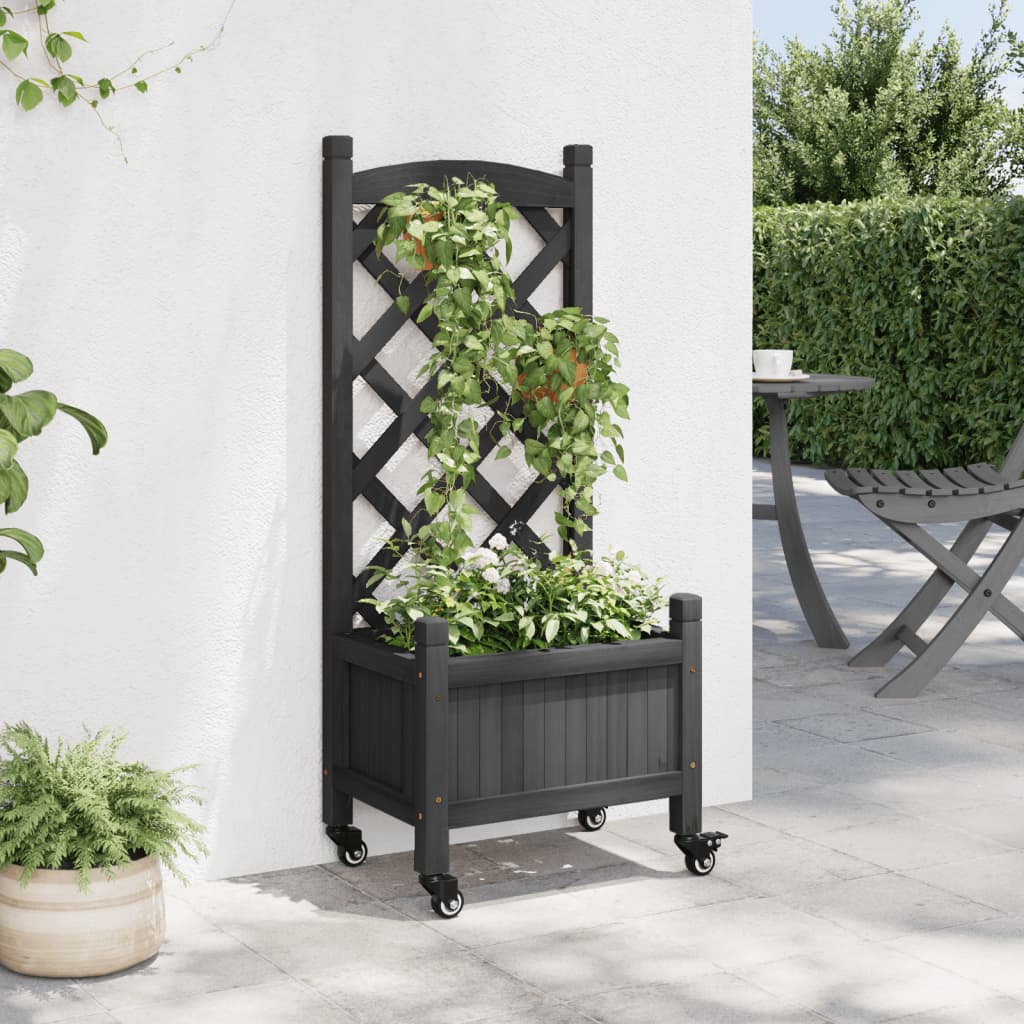 Plantekasse med espalier og hjul svart heltre gran