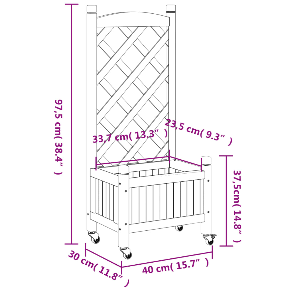 Plantekasse med espalier og hjul svart heltre gran
